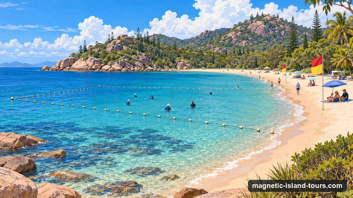 Illustration: swimmers in stinger suits inside a netted swimming enclosure off the long beach at Horseshoe Bay on Magnetic Island on a hot summer morning