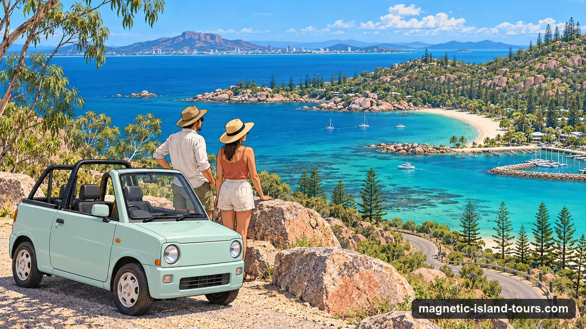 Illustration: a small open-top hire car parked at a lookout above a turquoise bay on Magnetic Island, two people looking at the view