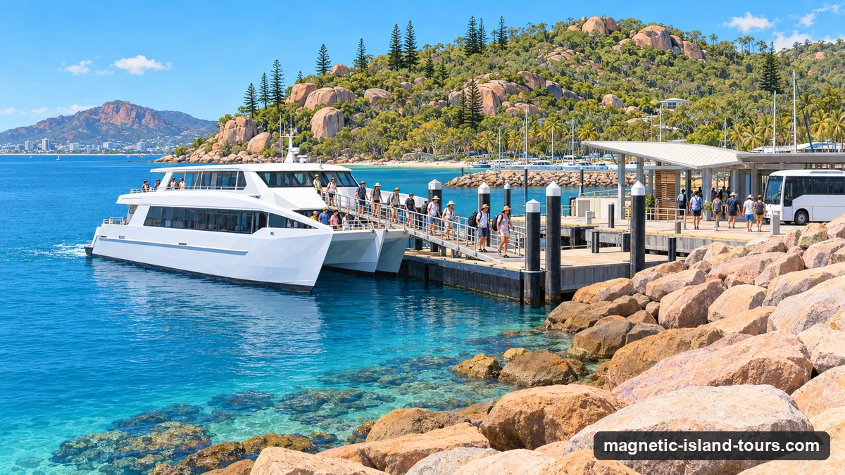 Illustration: day-trippers with backpacks walking off a white ferry at the Nelly Bay marina on Magnetic Island in the early morning, granite hills behind