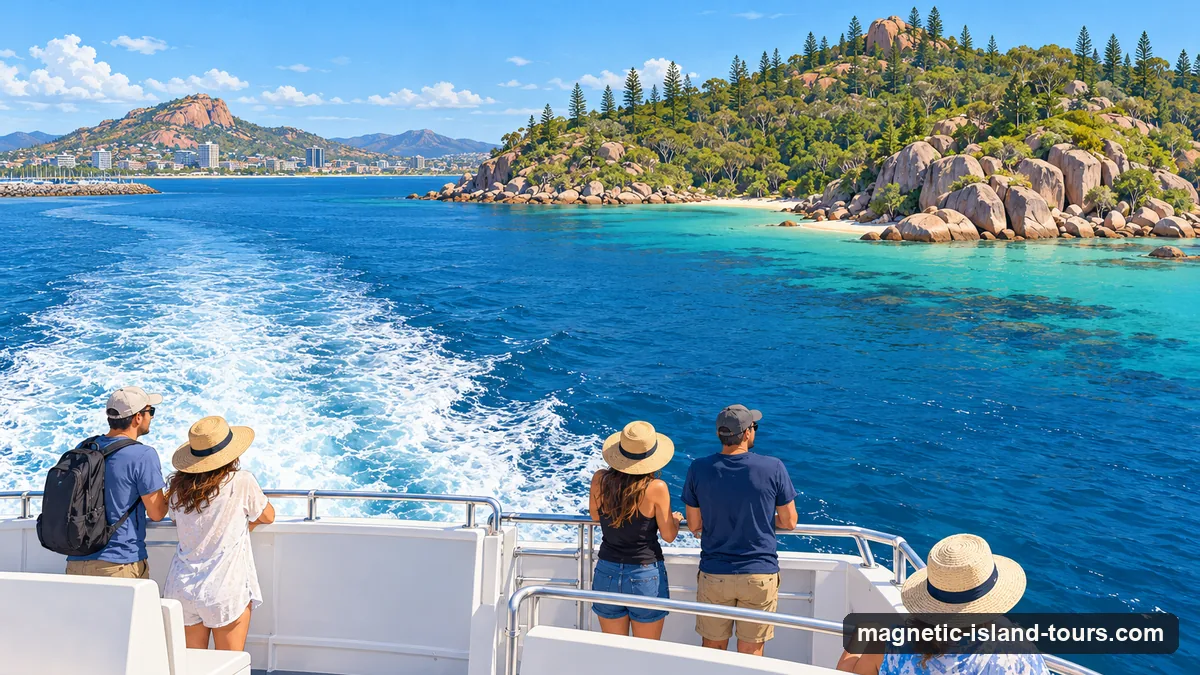 Illustration: passengers at the railing of a ferry crossing Cleveland Bay from Townsville toward the granite hills of Magnetic Island in the morning