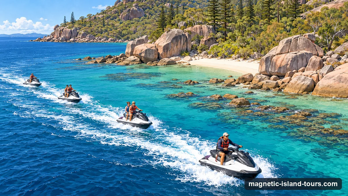 Illustration: a guide leading a line of jet skis with riders in life jackets past a small remote beach and granite boulders on Magnetic Island's north coast