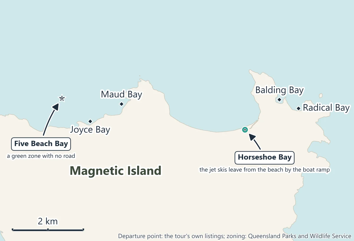 Map of the Magnetic Island jet ski tour: Horseshoe Bay, where the jet skis leave from the beach by the boat ramp, and the north coast west of it past Maud Bay and Joyce Bay to Five Beach Bay, a green zone with no road; Balding Bay and Radical Bay lie to the east