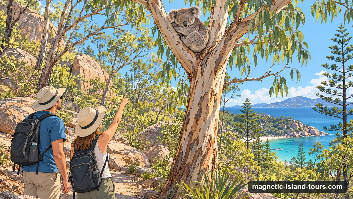 Illustration: two walkers on the Forts walk looking up at a wild koala asleep in a eucalyptus fork above the granite track on Magnetic Island in the early morning