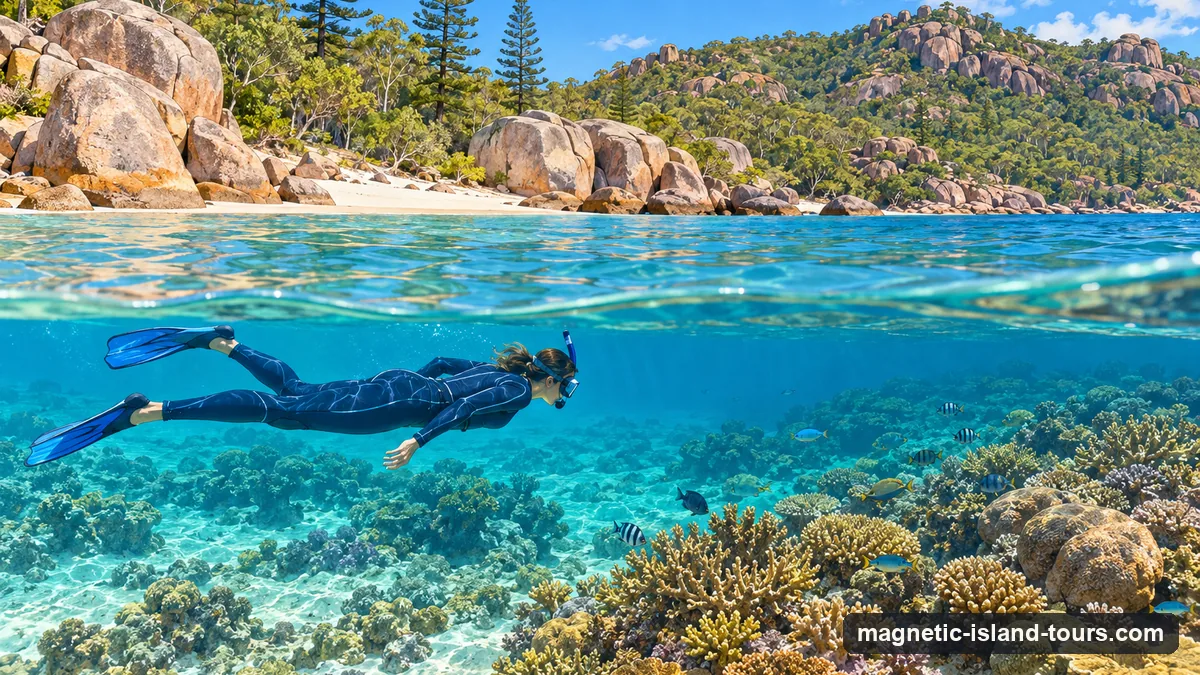 Illustration: a snorkeller in a full-body stinger suit floating above a fringing coral reef in a Magnetic Island bay, granite boulders and hoop pines on the shore above the water line