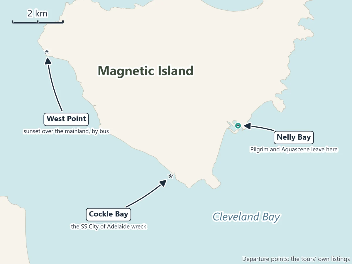 Map of sunset trips on Magnetic Island: Nelly Bay, where Pilgrim's Sip and Sail and Aquascene's boats leave, Cockle Bay with the SS City of Adelaide wreck, and West Point, where the sun sets over the mainland, around Cleveland Bay